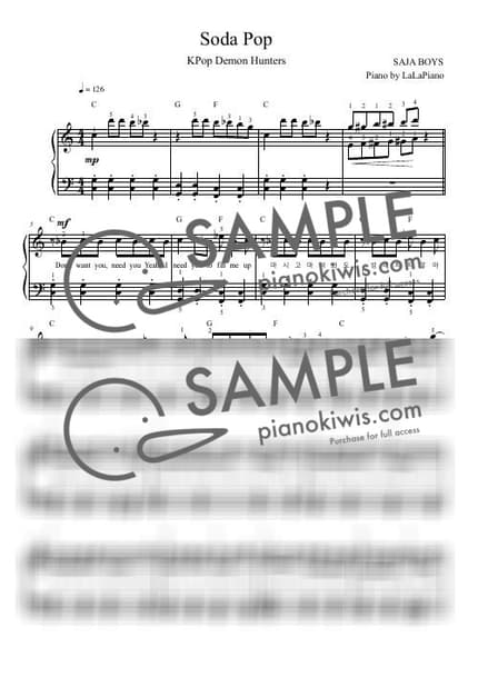 악보 > Soda Pop / 쉬움 / 1절만 - 사자 보이즈 · 케이팝 데몬 헌터스 OST by LaLaPiano 악보 이미지-0