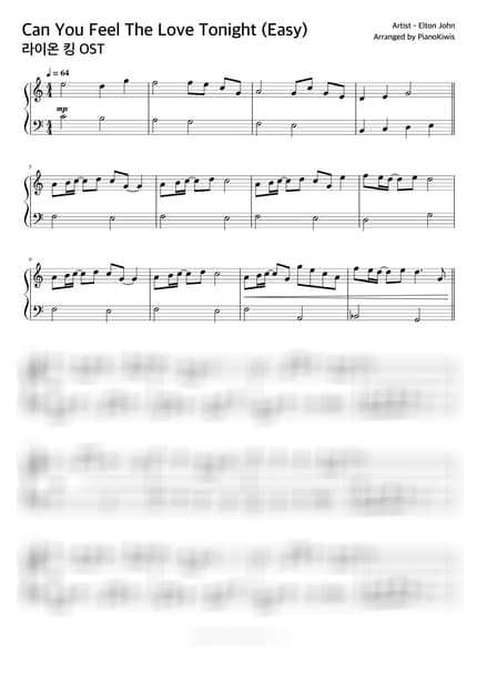 악보 > Can You Feel The Love Tonight / 쉬운 악보 - Elton John · 라이온킹 OST by 피아노키위즈 악보 이미지-0