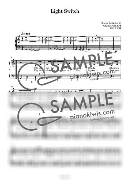 악보 > Light Switch / 다장조 - Charlie Puth by 라니스코어 악보 이미지-0