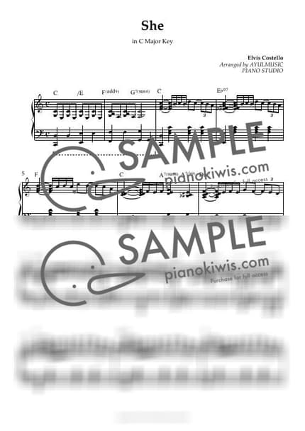 악보 > She / 결혼식 신부 입장 추천곡 / C Major Key - Elvis Costello · 노팅힐 OST by 아율뮤직 악보 이미지-0