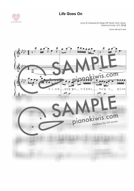 악보 > Life Goes On / Abkey (원곡 조표) / 1절편곡 - 방탄소년단 by 에이쌤 악보 이미지-0