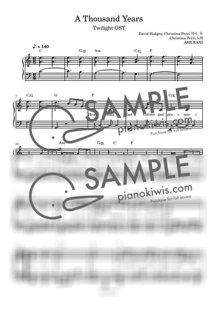 악보 > A Thousand Years / 다장조 - Christina Perri · 트와일라잇 OST by 라니스코어 악보 이미지-0