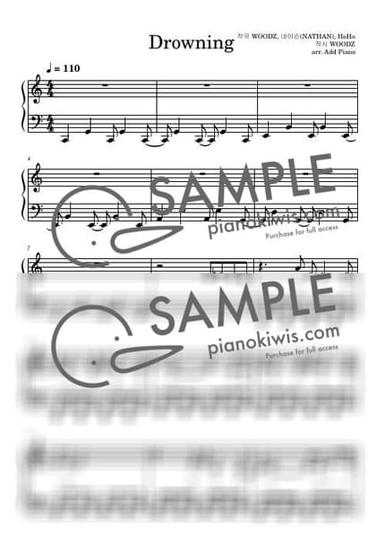 Score > Drowning / C key, 체르니 100 도전! - WOODZ by Add Piano Sheet music image-0