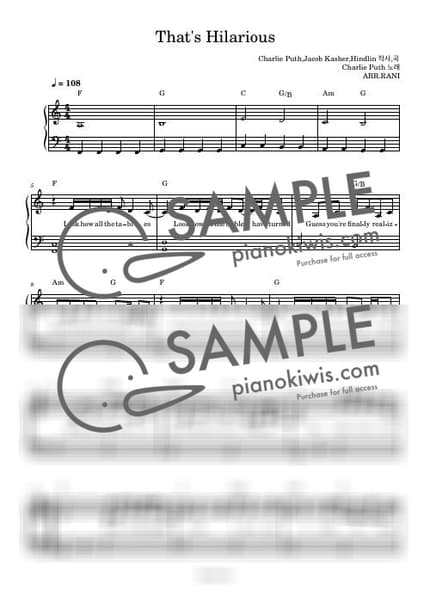 Score > That's Hilarious / 다장조 - Charlie Puth by 라니스코어 Sheet music image-0
