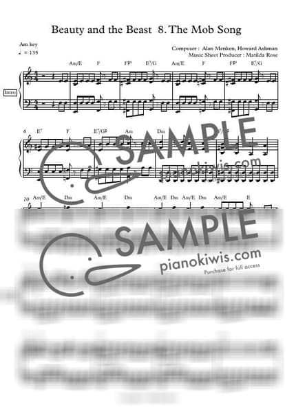 악보 > The Mob Song / Disney Piano - Alan Menken · 미녀와 야수 OST by Matilda Rose 악보 이미지-0