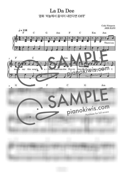 Score > La Da Dee / 다장조 - Cody Simpson · Cloudy with a Chance of Meatballs 2 OST by 라니스코어 Sheet music image-0